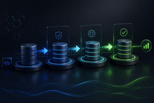 Database deployment pipeline showing database changes moving through development, testing, staging, and production environments.