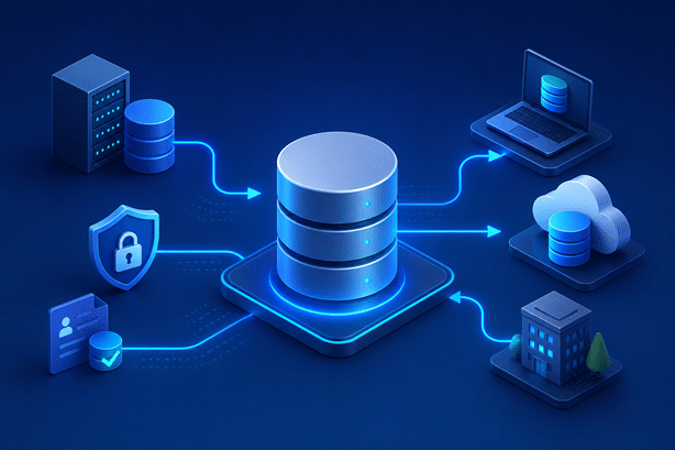 Database provisioning across development and testing environments with secure, connected database copies.