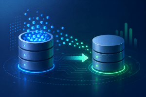 Database refresh process showing data moving from one database to another.