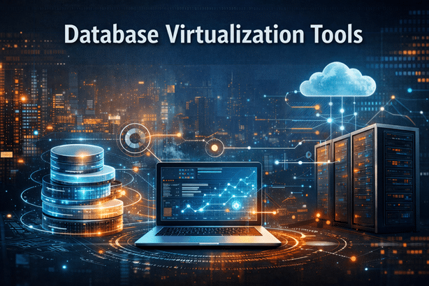 An abstract image designed to represent the concept, and with text "database virtualization tools"
