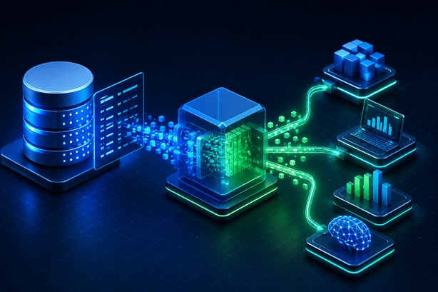 Isometric illustration of Databricks data masking protecting sensitive data as it flows from production to non-production environments.