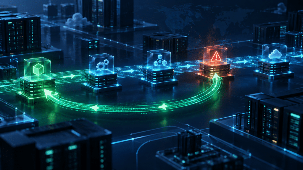 Deployment pipeline reversing from a failed release to a stable server environment.