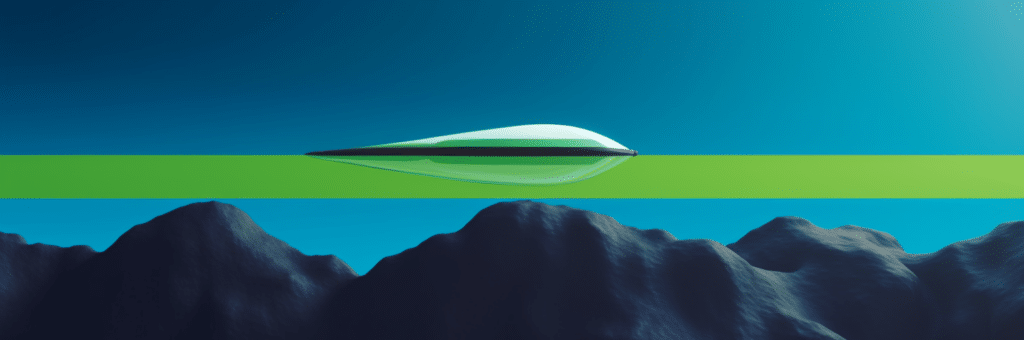 A rocket flying over blue green landscape