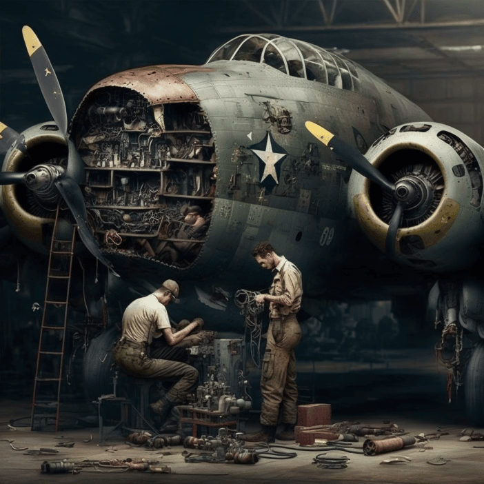 Engineers repairing an aircraft for the post titled A Brief History of Configuration Management