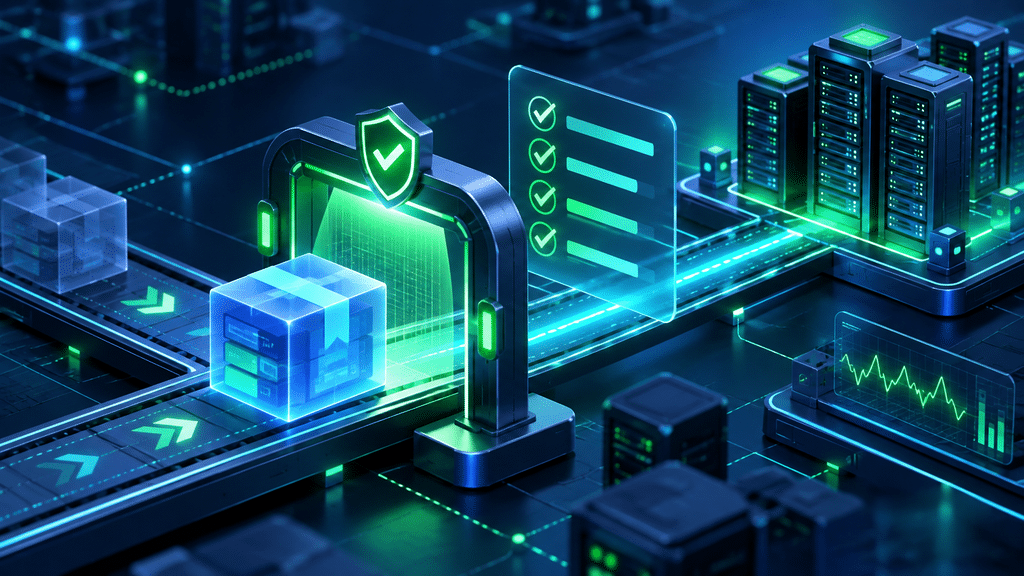 Software deployment package passing through a glowing security checkpoint beside a completed checklist and production servers.