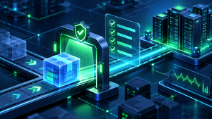 Software deployment package passing through a glowing security checkpoint beside a completed checklist and production servers.