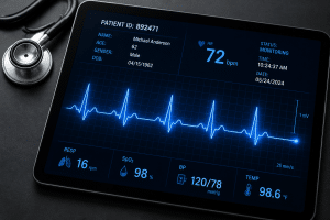 Digital illustration of a stethoscope and a healthcare device to support the post titled data compliance in healthcare