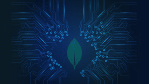 A dark blue tech-themed background with glowing circuit lines pointing toward a green MongoDB leaf in the center for the post about MongoDB Clone Database Explained