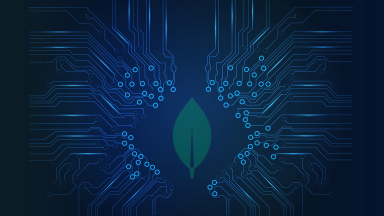 A dark blue tech-themed background with glowing circuit lines pointing toward a green MongoDB leaf in the center for the post about MongoDB Clone Database Explained