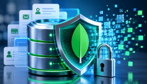 3D illustration of MongoDB data masking showing a secure database environment with data protection elements, connected systems, and visual representations of masked data flowing through non-production environments.