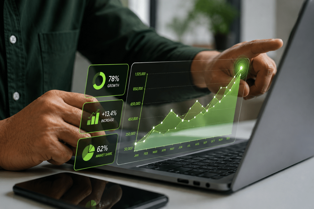 A person visualizing metrics while working on a laptop