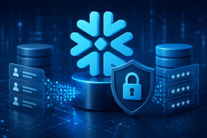 Snowflake data masking concept illustration featuring secure enterprise data protection, masked user records, encrypted data streams, and database security in a dark blue cloud analytics environment