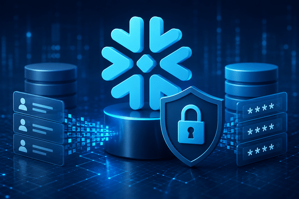 Snowflake data masking concept illustration featuring secure enterprise data protection, masked user records, encrypted data streams, and database security in a dark blue cloud analytics environment