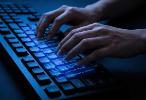 Person typing on a laptop to represent the post incorporating test data and data compliance in devops