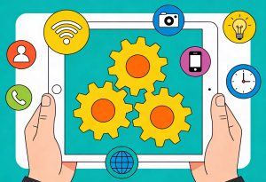 illustration of gears on a tablet, representing automation